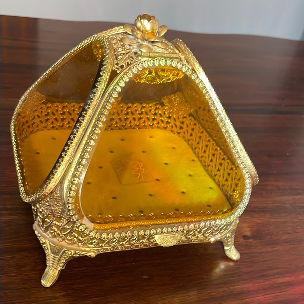 Ormolu Vintage Gold Amber Glass Jewelry Box